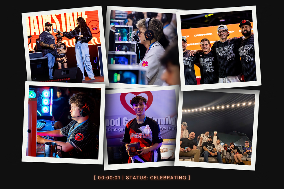 Collage of Good Game Family community moments including esports competition, event stage appearances, and team gatherings.
